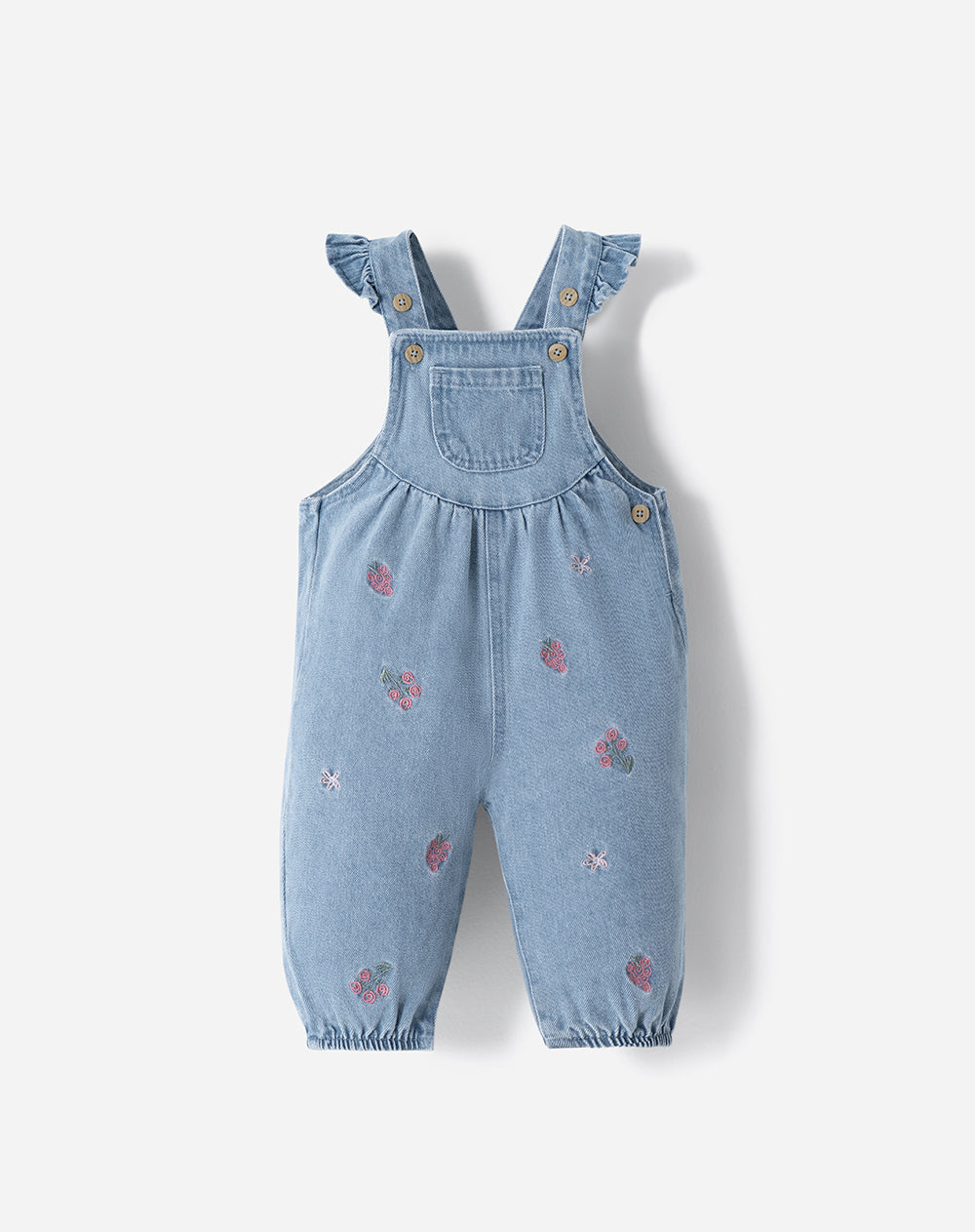 Overol largo apliques bordados índigo bebé niña