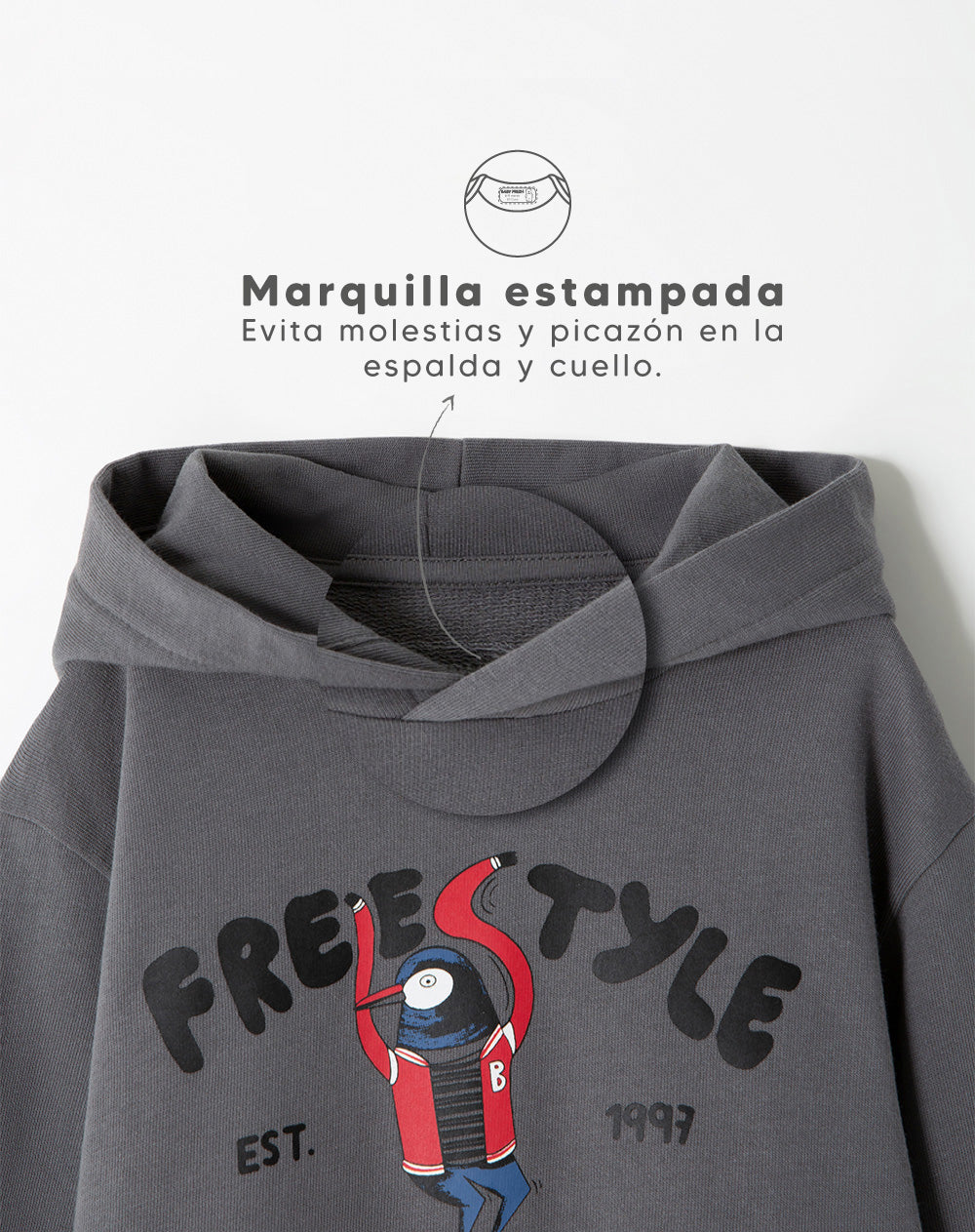 Buzo tipo hoddie algodón gris estampaso niño