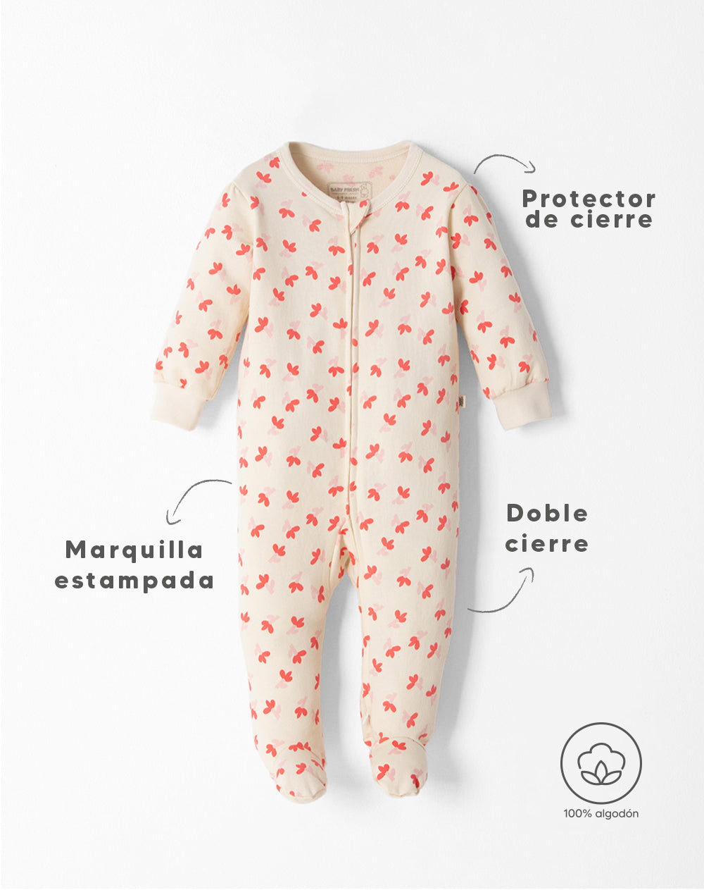Pijama bebé niña algodón cierre doble sentido beige flores