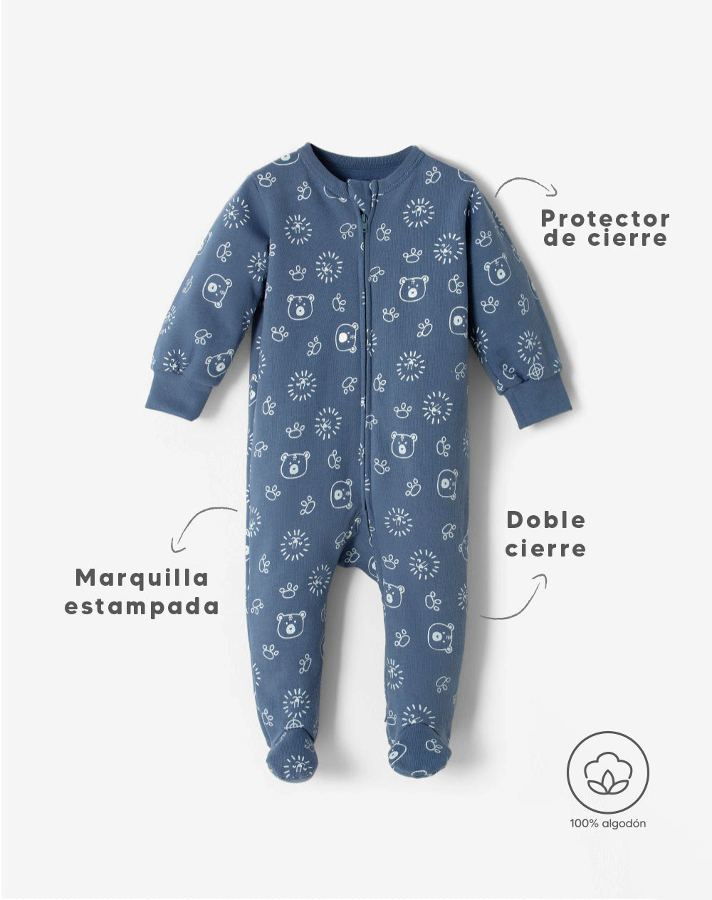 Pijama bebé niño algodón cierre doble sentido azul estampada