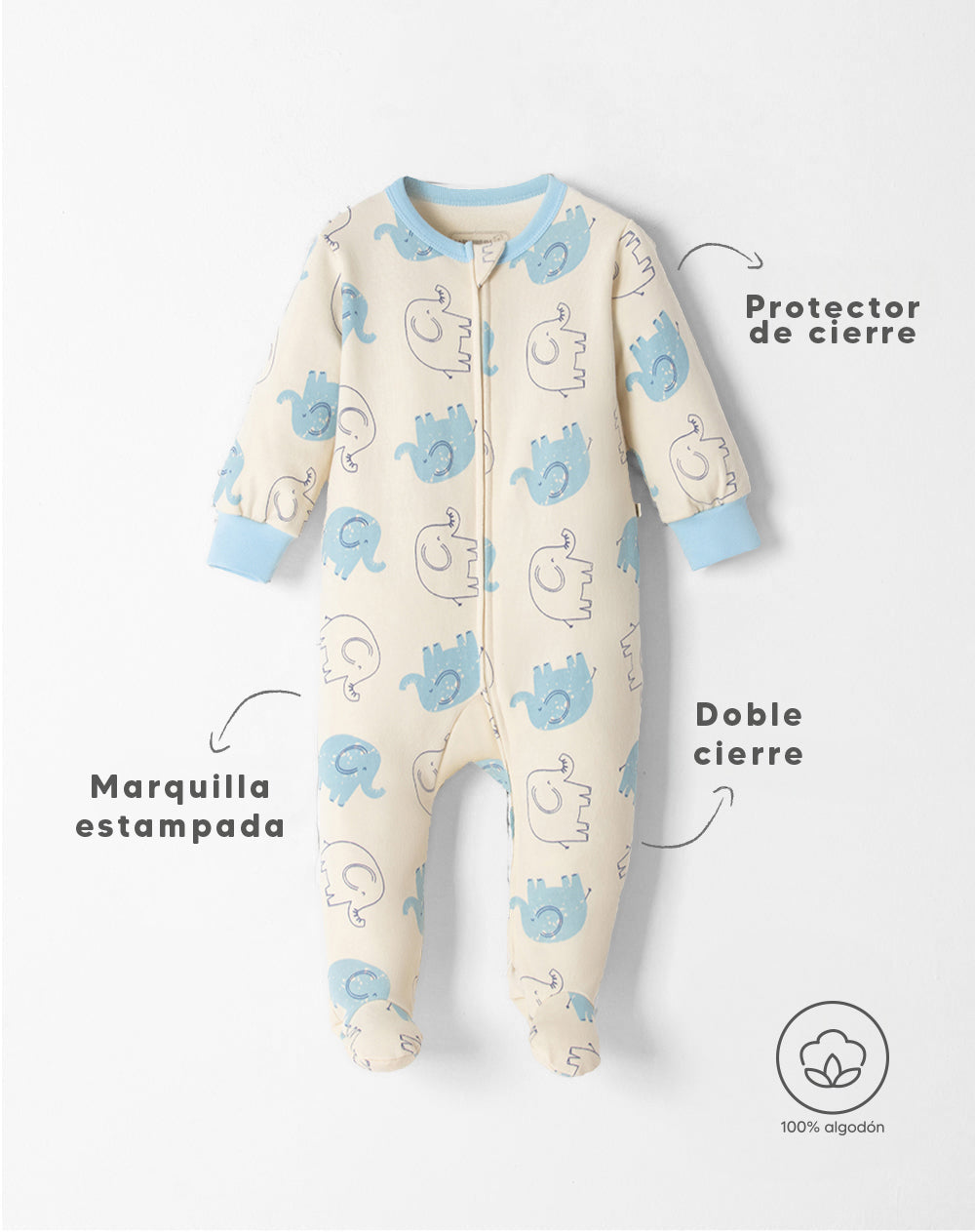 Pijama bebé niño algodón cierre doble sentido beige elefantes