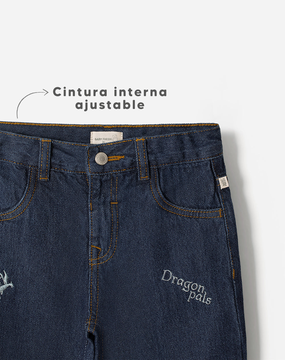 Jean straight apliques bordados tiro medio indigo oscuro niño