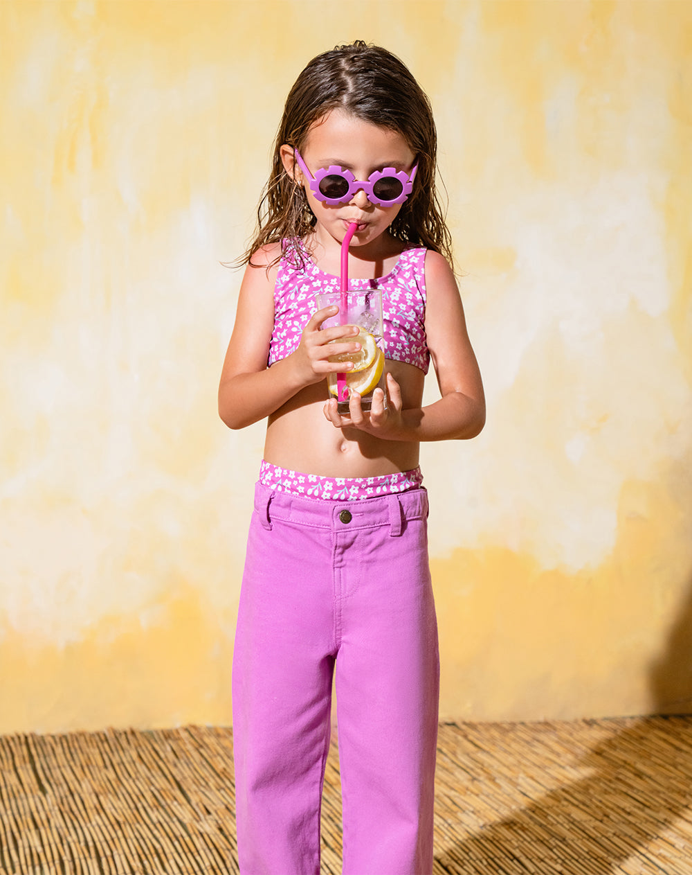 Pantalón wide leg tiro alto algodón morado niña