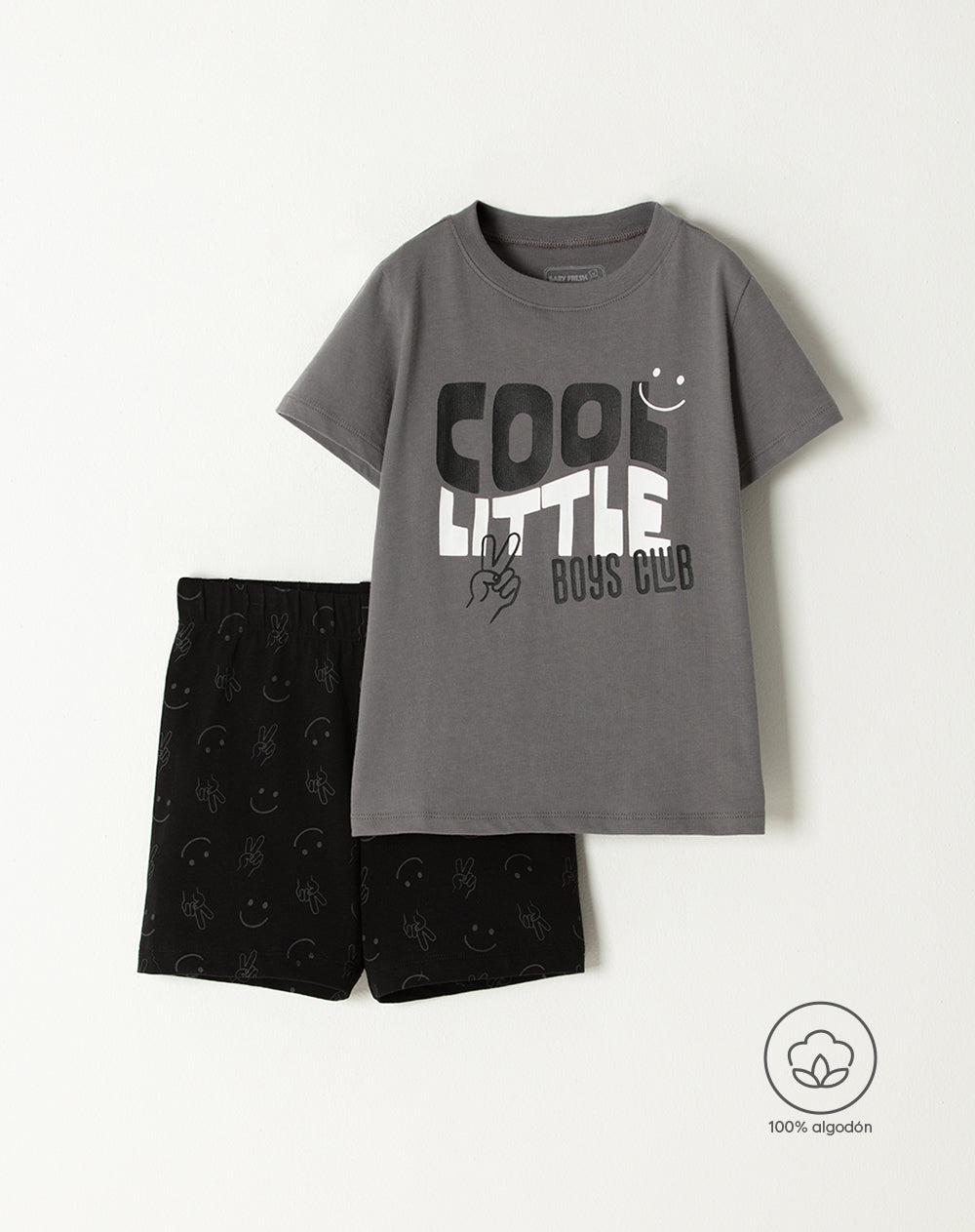 Pijama niño camiseta + short algodón gris estampada