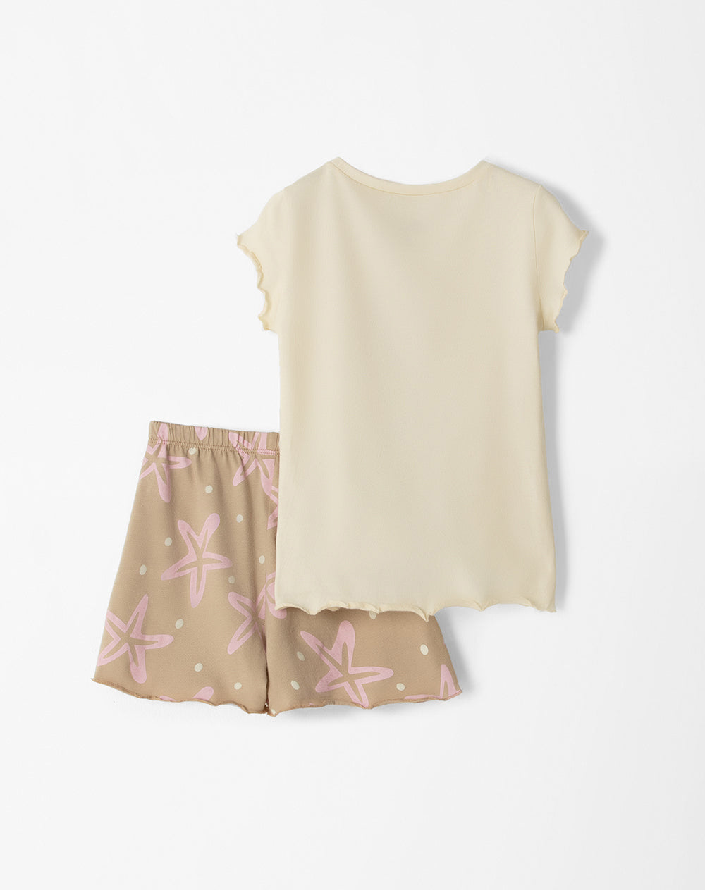 Pijama niña camiseta + short beige estampada