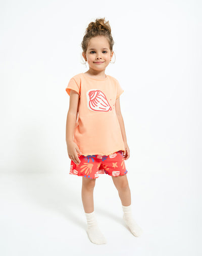 Pijama niña camiseta + short coral estampada