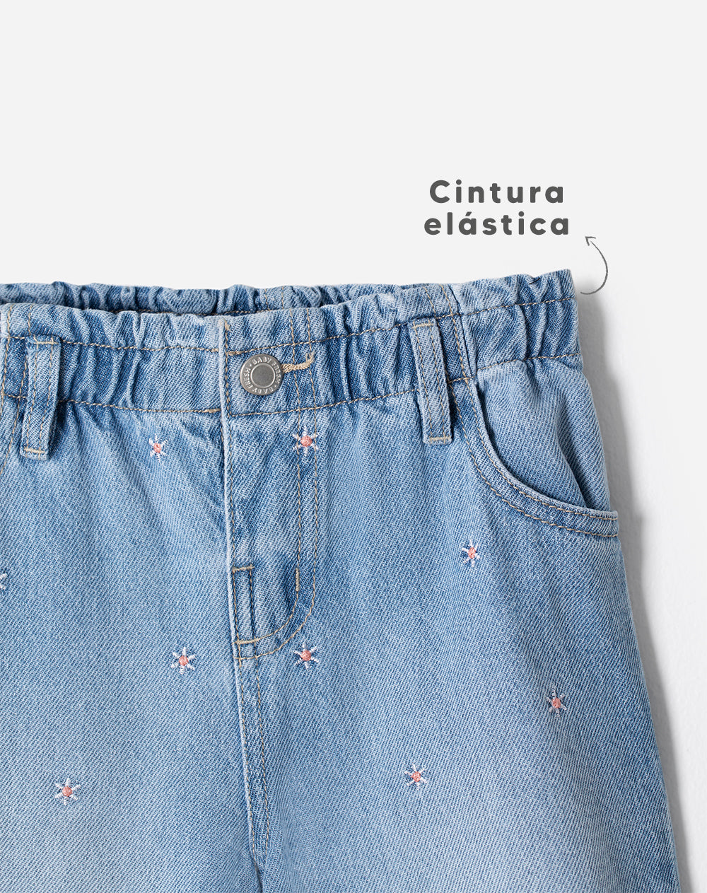 Jean wide leg tiro medio algodón bordado índigo medio niña