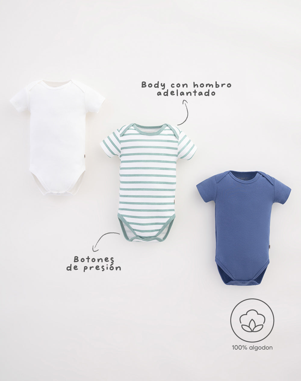 3 bodys cuello redondo manga corta surtido