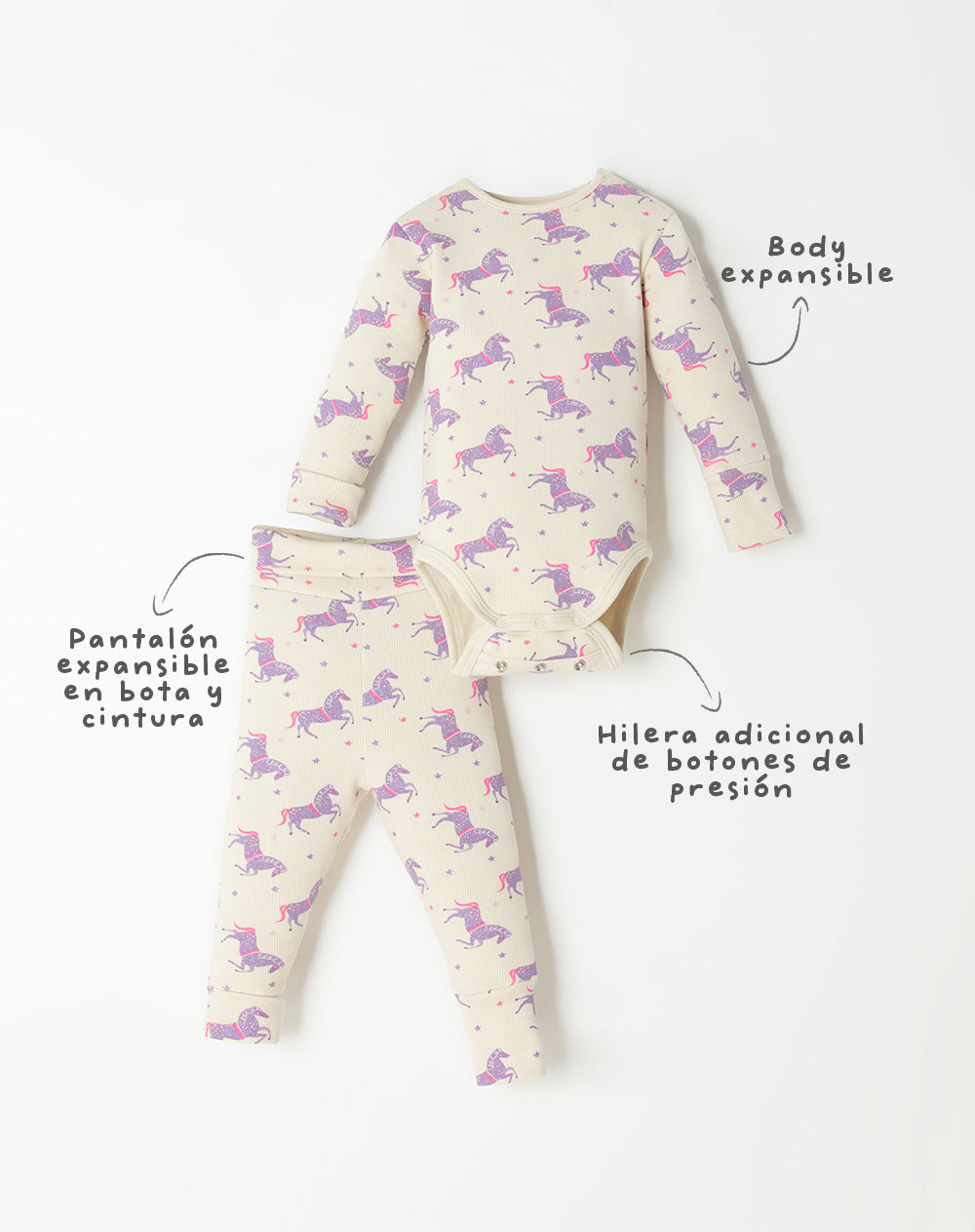 Pijama fitted fit manga larga en rib crema estampado