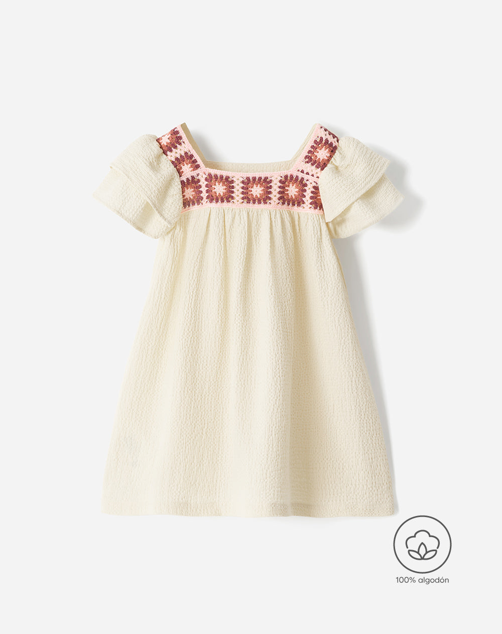 Vestido midi algodón bordado crema niña