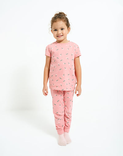 Pijama niña camiseta + pantalón algodón rosada flores