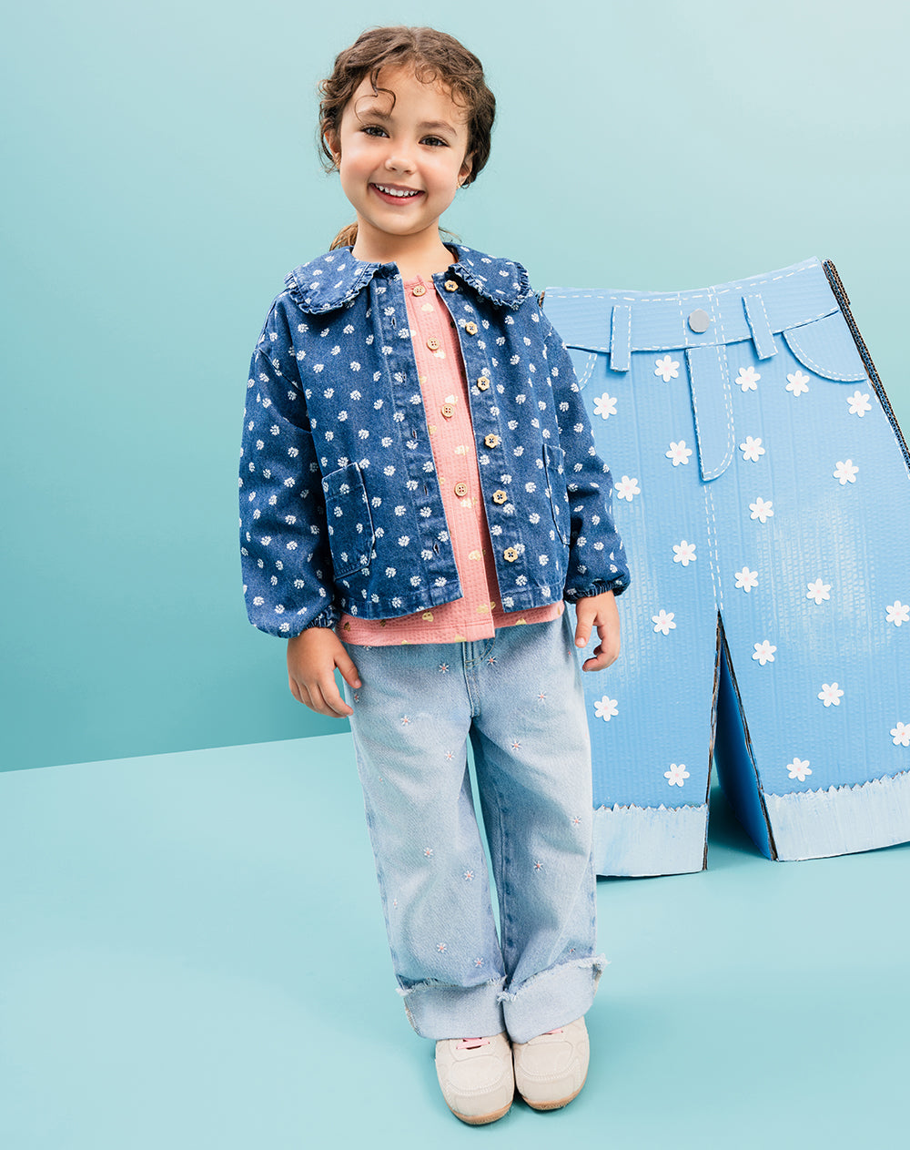 Jean wide leg tiro medio algodón bordado índigo medio niña