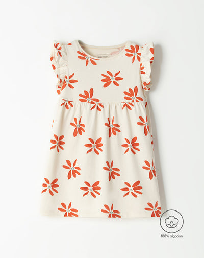 Vestido medio beige estampado