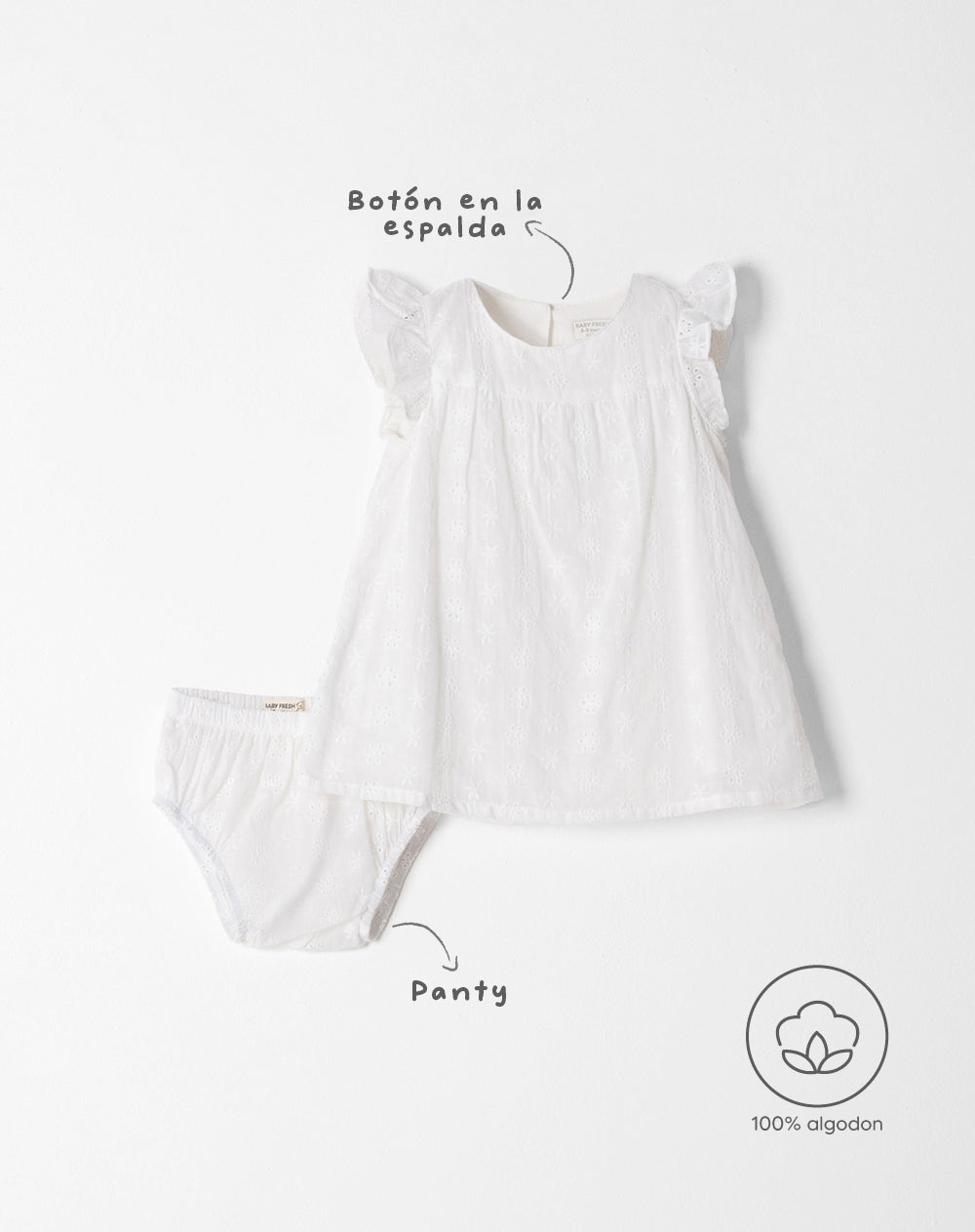 Conjunto vestido + panty en tela de ojalillo blanco
