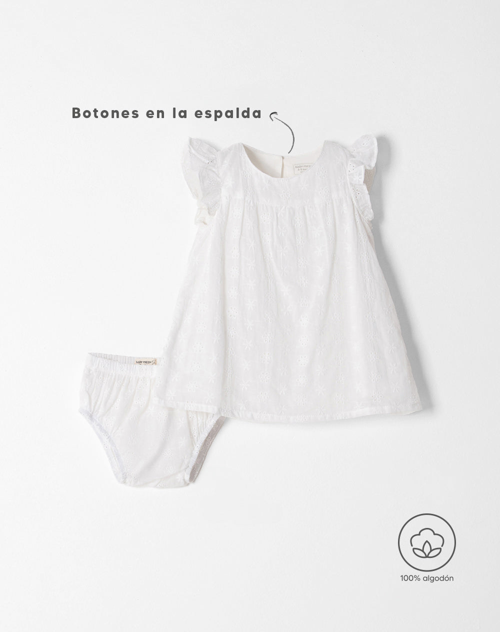 Conjunto vestido + panty en tela de ojalillo blanco