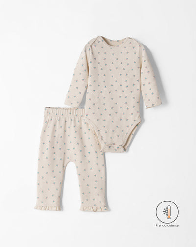 Conjunto bebé niña body + pantalón beige flores