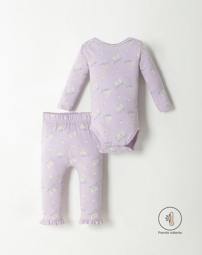 Conjunto bebé niña body + pantalón lila estampado