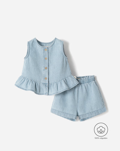 Conjunto bebé niña blusa + short algodón indigo claro