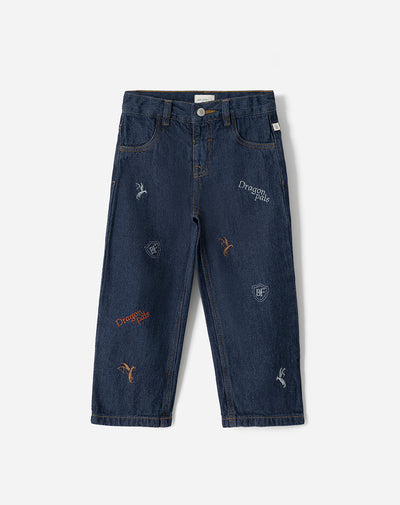 Jean straight apliques bordados tiro medio indigo oscuro niño