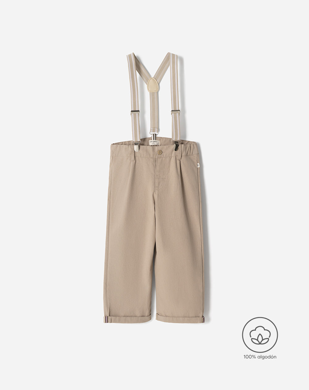Pantalón recto + cargaderas drill algodón crema niño