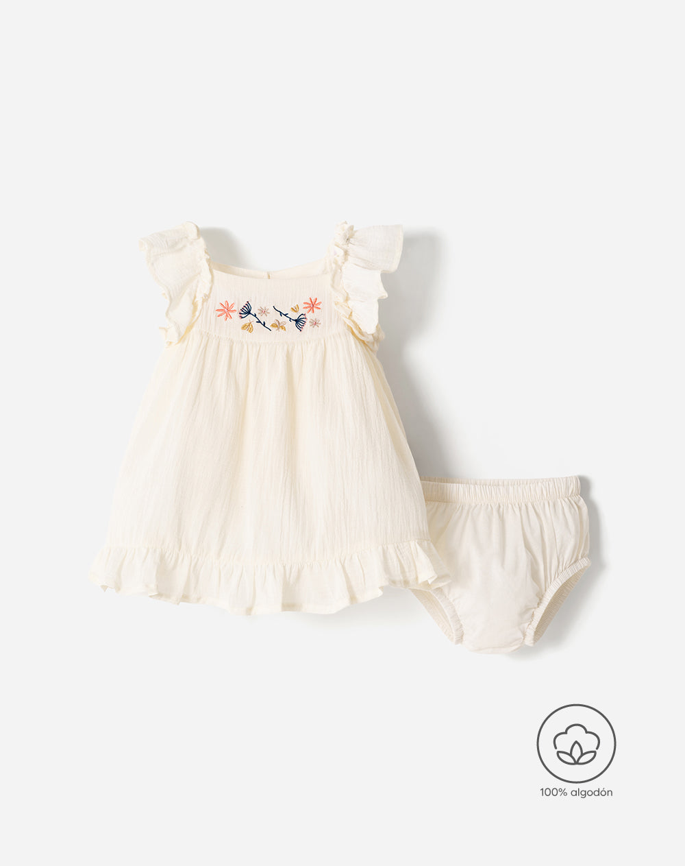 Conjunto vestido + bloomer crema bebé niña