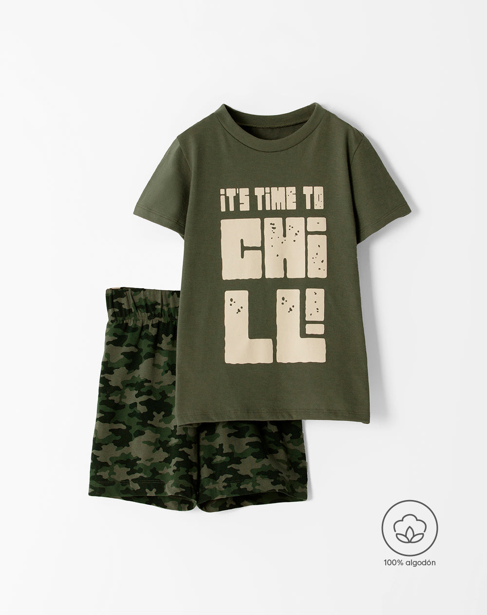 Pijama niño camiseta + short algodón verde estampada