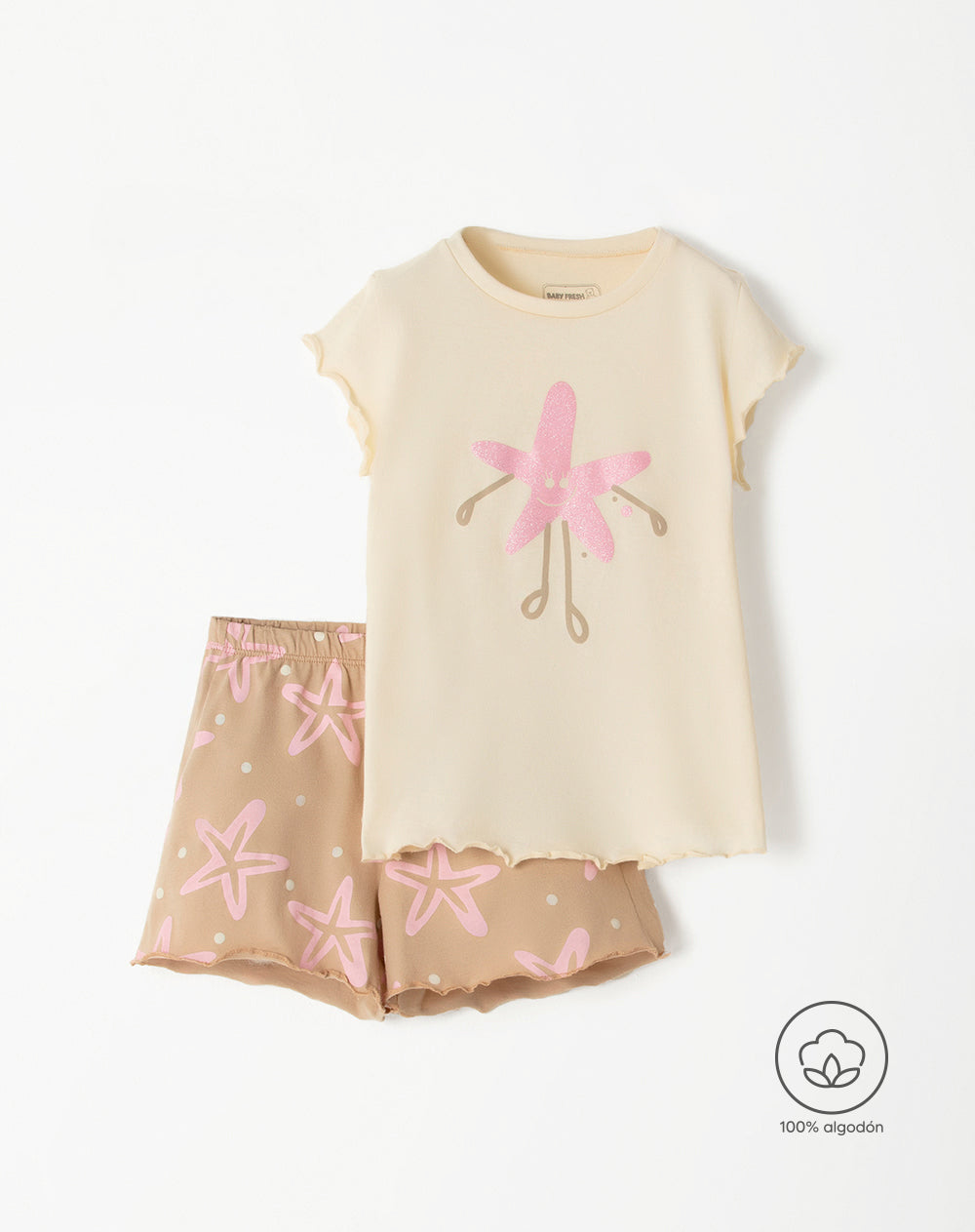 Pijama niña camiseta + short beige estampada