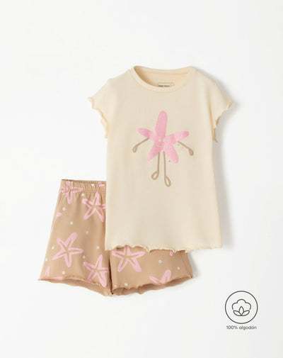 Pijama niña camiseta + short beige estampada