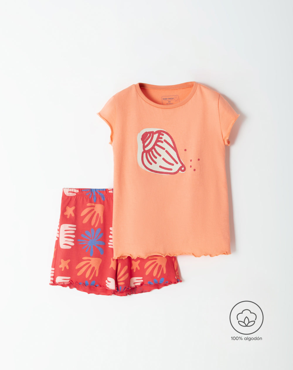 Pijama niña camiseta + short coral estampada