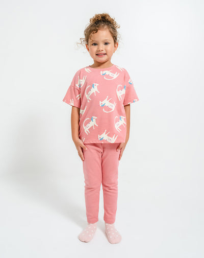 Conjunto pantalon largo manga corta rosado estampado