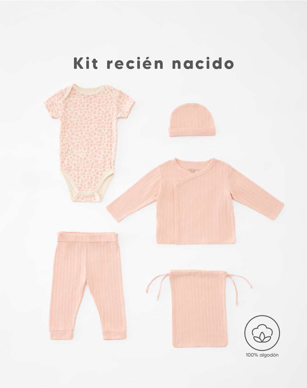 Set bebé niña body + buzo + pantalón + gorro + bolsa algodón surtida