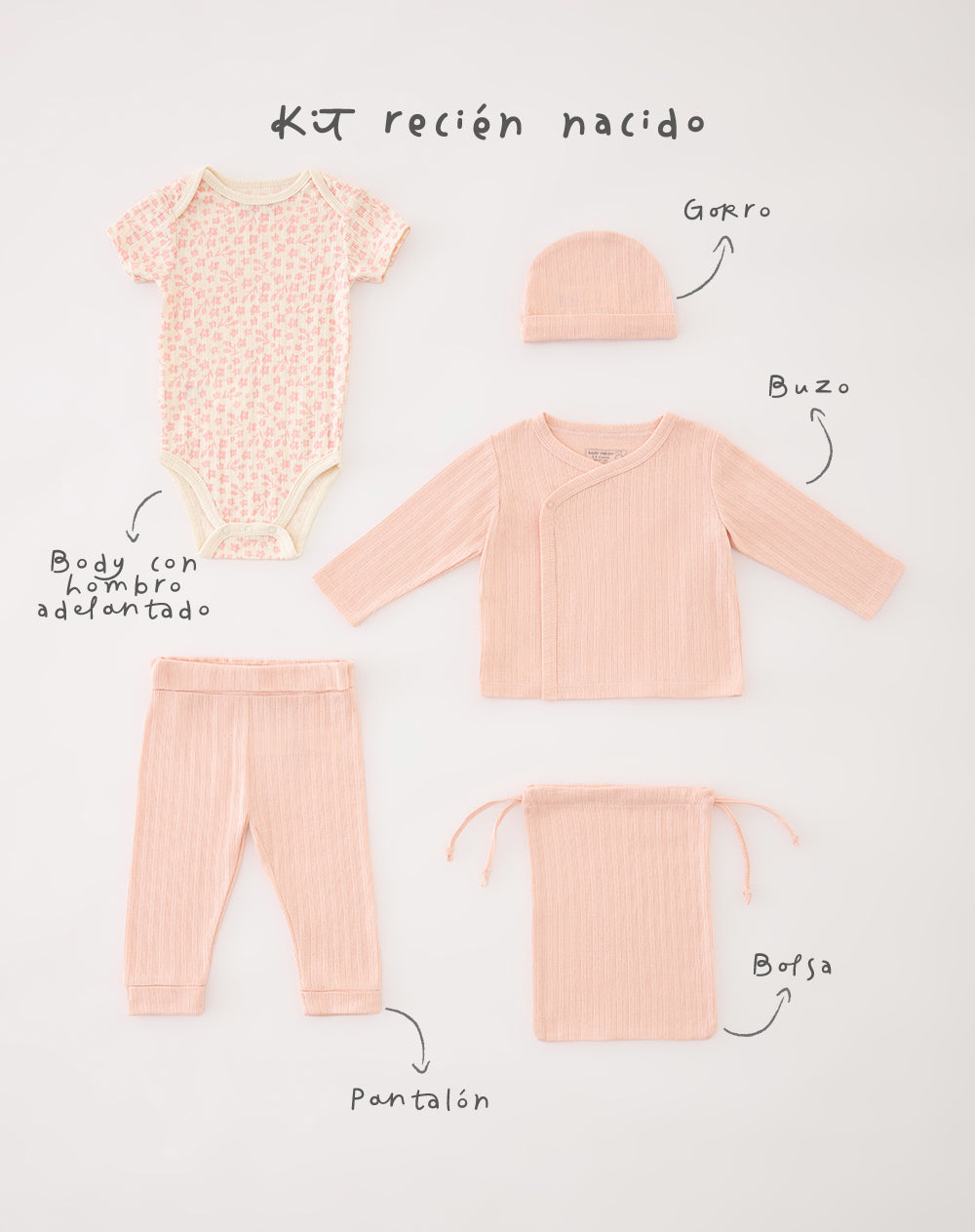 Set body rosado + pantalón + gorro + buzo + bolsa
