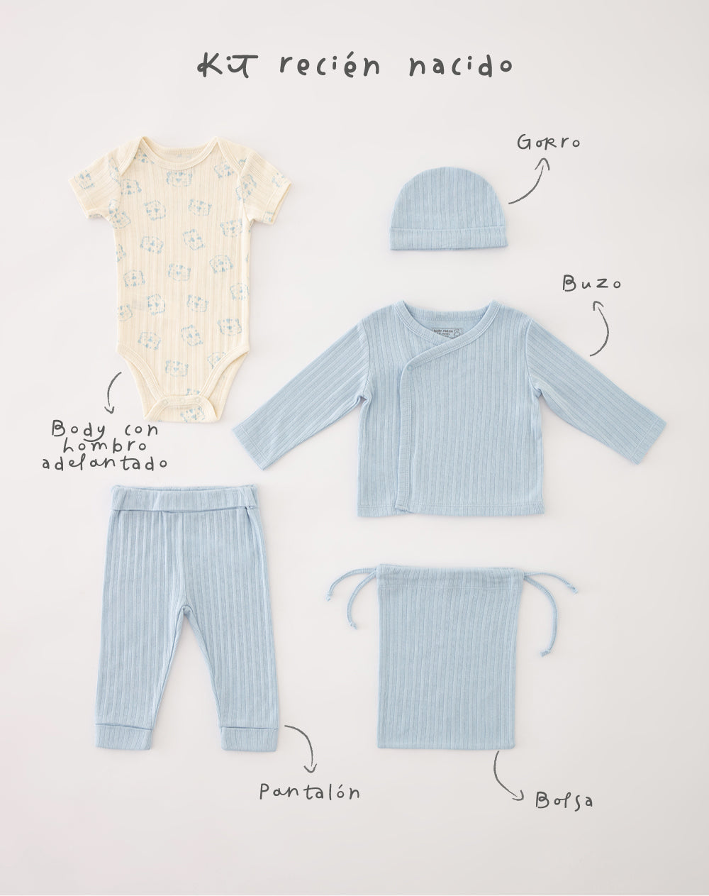 Set body + pantalón + gorro + buzo + bolsa azul