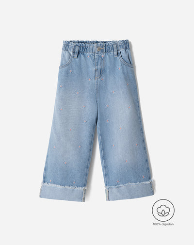 Jean wide leg tiro medio algodón bordado índigo medio niña