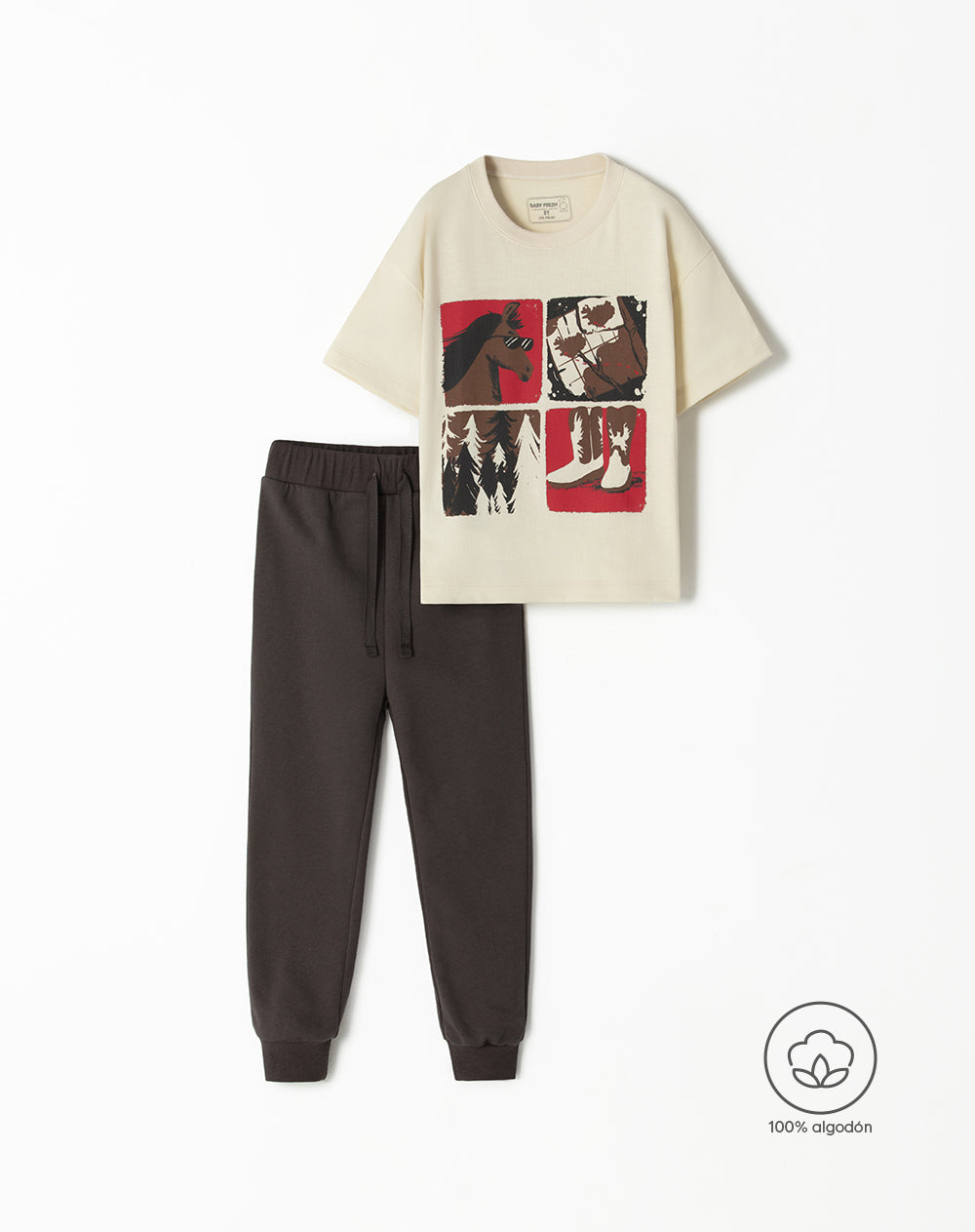 Conjunto pantalon largo manga corta crema