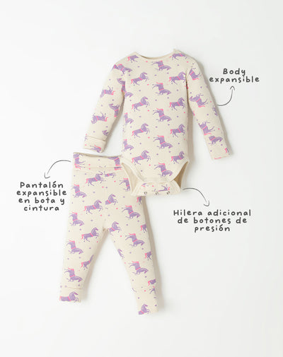 Pijama fitted fit manga larga en rib crema estampado