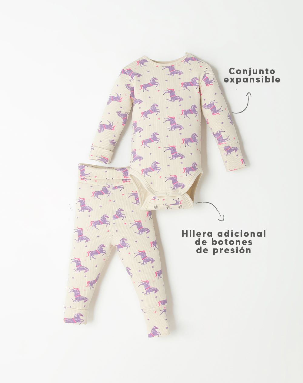 Pijama fitted fit manga larga en rib crema estampado