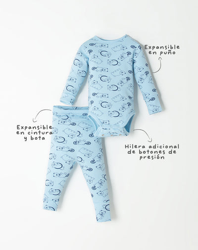 Pijama fitted fit manga larga en rib azul estampada