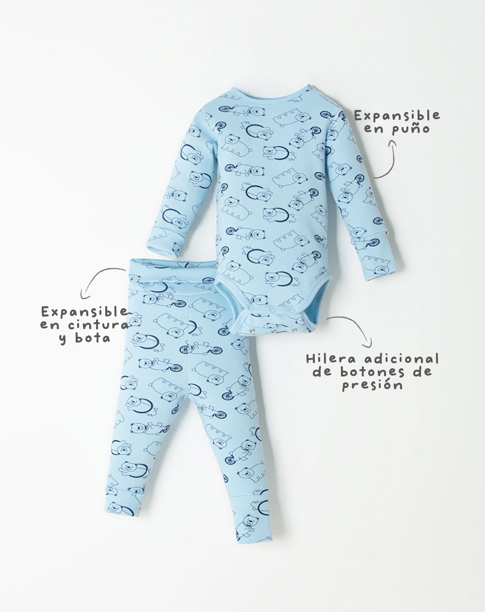 Pijama fitted fit manga larga en rib azul estampada