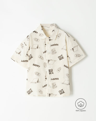 Camisa regular fit manga corta beige estampada