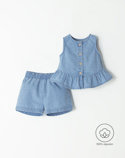 Conjunto bebé niña blusa + short algodón indigo medio