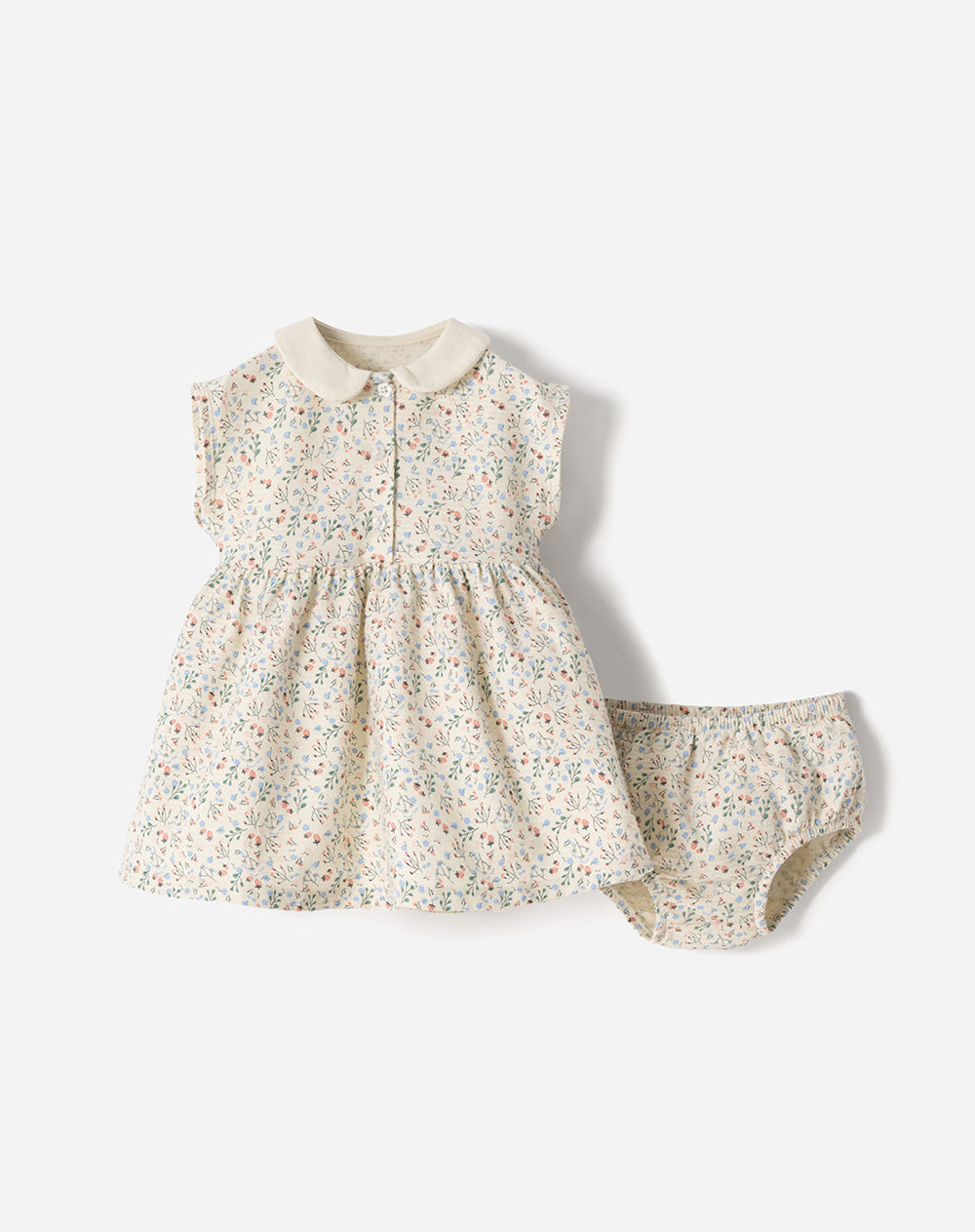 Conjunto vestido + bloomer beige estampado bebé niña