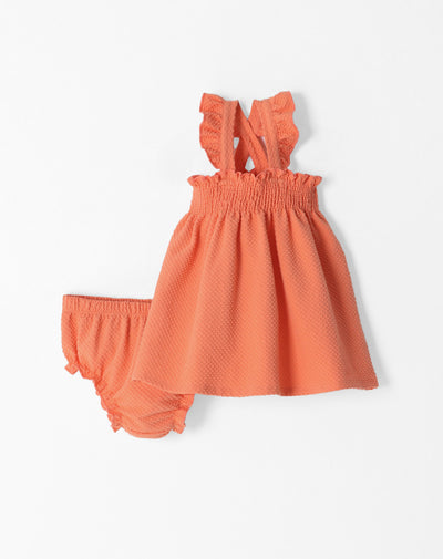 Conjunto vestido + bloomer coral bebé niña