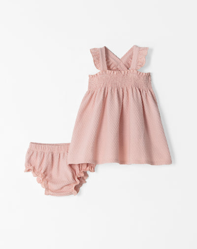 Conjunto vestido + panty en tela con textura rosado
