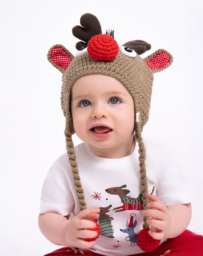 Gorro tejido reno café unisex navidad