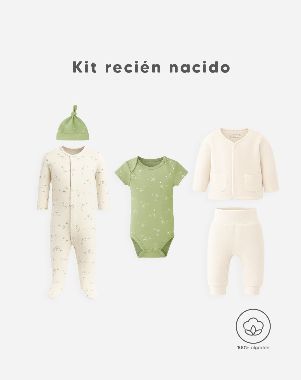 Set bebé unisex body + enterizo + buzo + pantalón + gorro algodón surtida