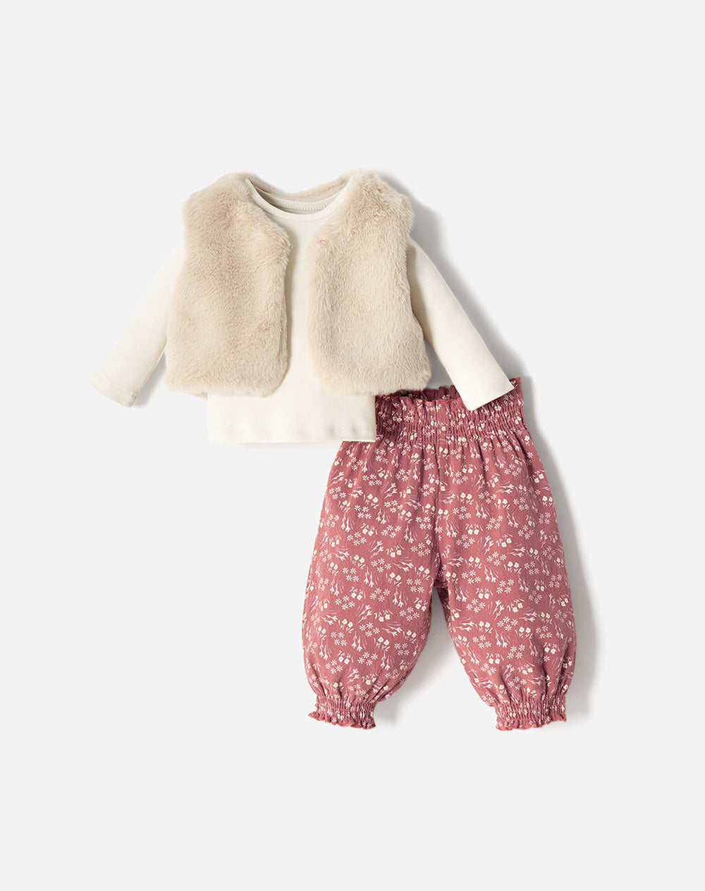 Conjunto bebé niña camibuzo + chaleco + pantalon estampado