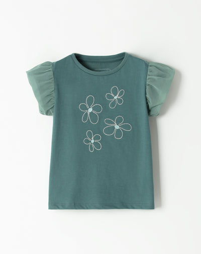 Camiseta de flores manga corta con tull