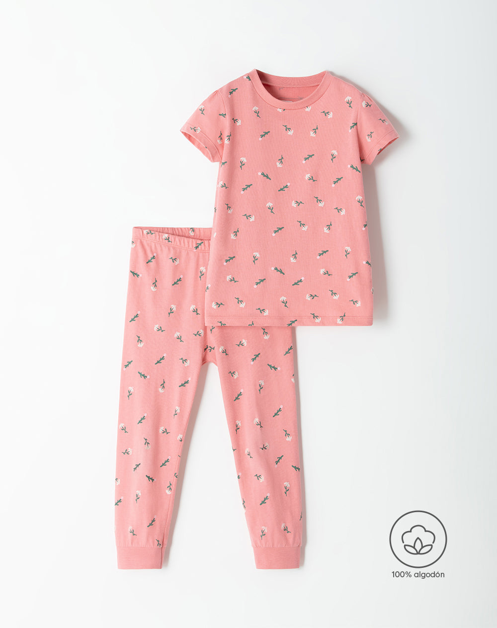 Pijama niña camiseta + pantalón algodón rosada flores